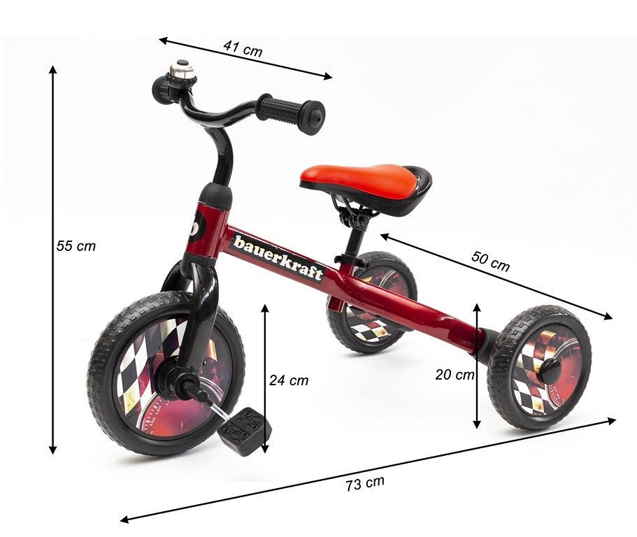 Bauerkraft 3-in-1 trīsriteņu skrejvelosipēds sarkans