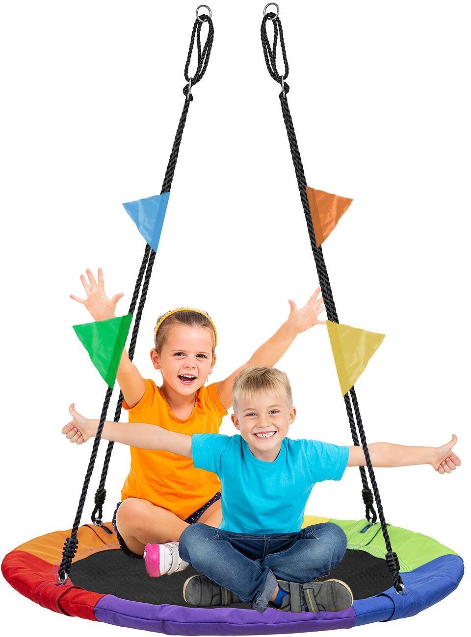 Dārza šūpoles Bocianie Gniazdo XL, 100 cm, 150 kg, daudzkrāsainas, krāsainas karodziņi